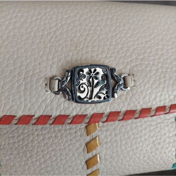 Brighton Trifold Wallet Cream with Blue Orange Yellow Ribbons Stitching - Picture 3 of 7